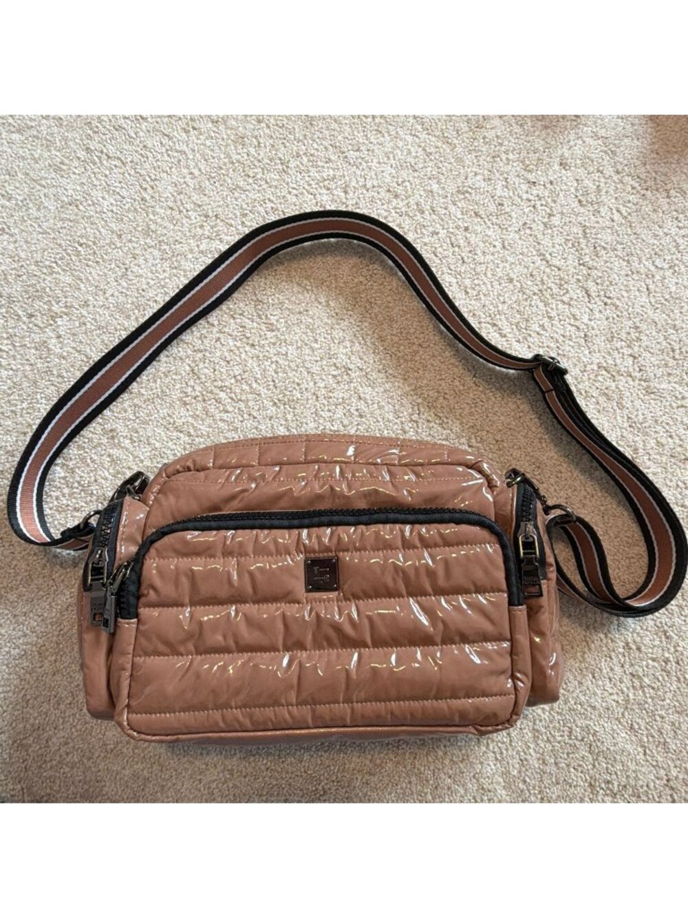 Think Royln Venus Crossbody Bag Beige Quilted Puffer Cargo Shiny Patent Purse